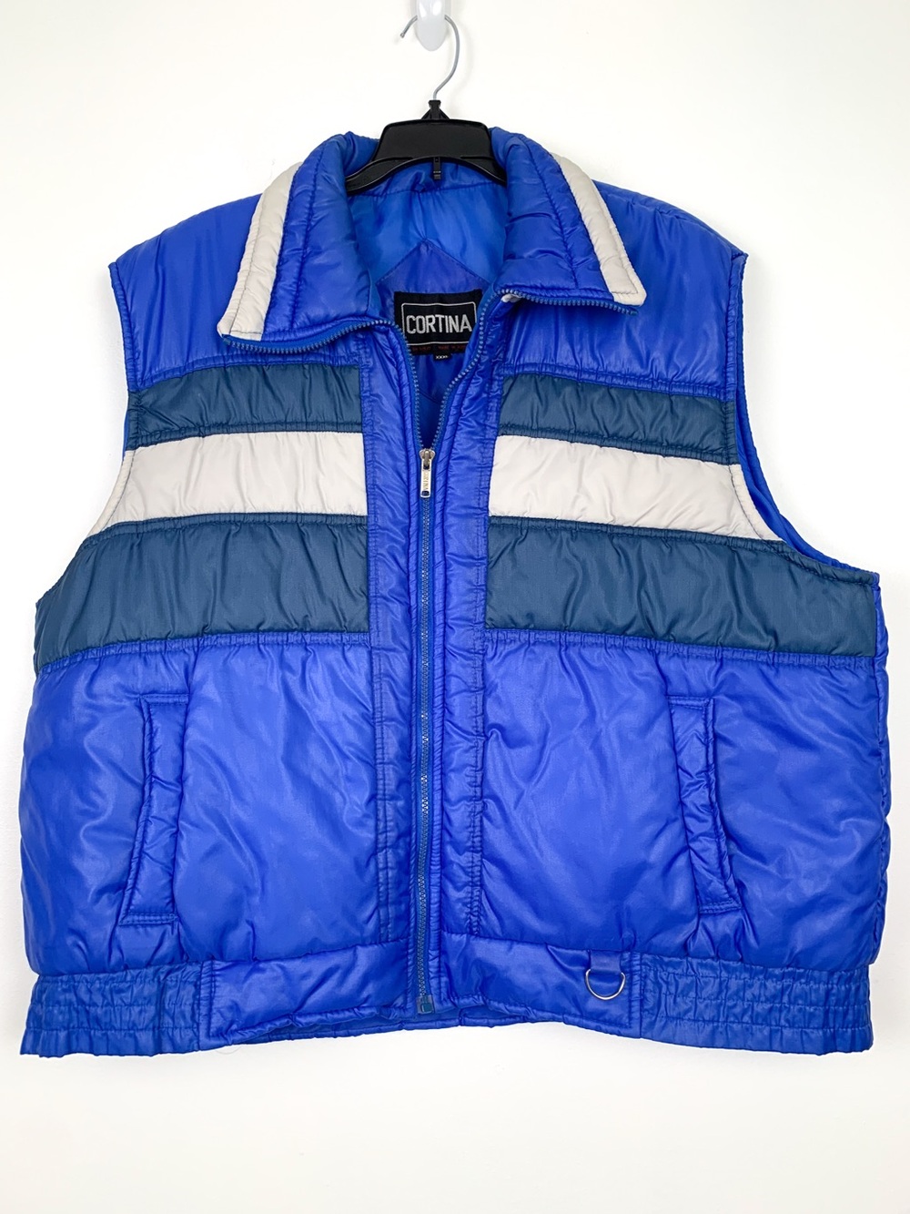 Vintage 80s puffer vest by Cortina blue navy & light gray stripes size XXXL